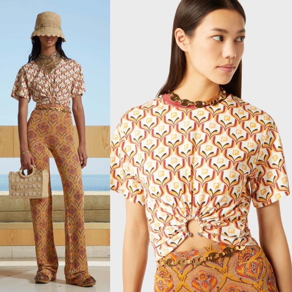 Paco Rabanne | Tapestry Gathered U-Ring Printed T-Shirt Size 34 / US 2 / XS